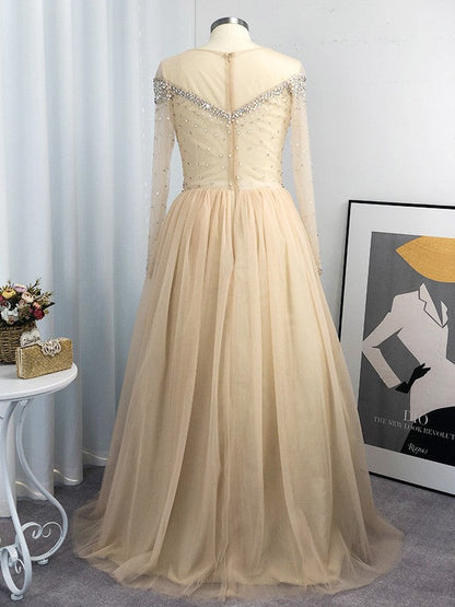 Ball Gown Tulle Long Sleeves Off-the-Shoulder Sequin Floor-Length Plus Size Dresses
