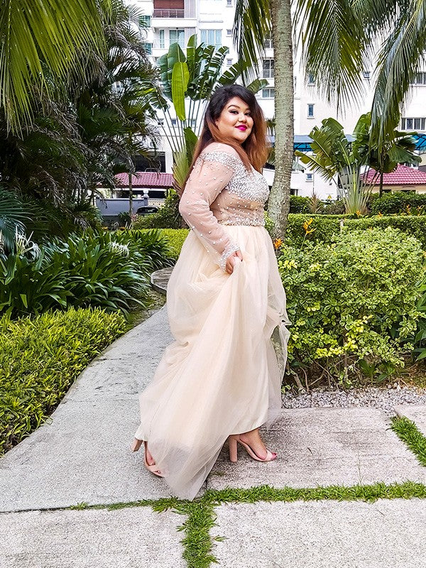 Ball Gown Tulle Long Sleeves Off-the-Shoulder Sequin Floor-Length Plus Size Dresses