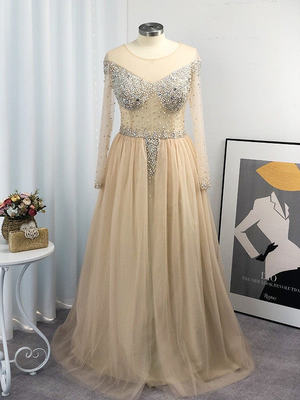 Ball Gown Tulle Long Sleeves Off-the-Shoulder Sequin Floor-Length Plus Size Dresses