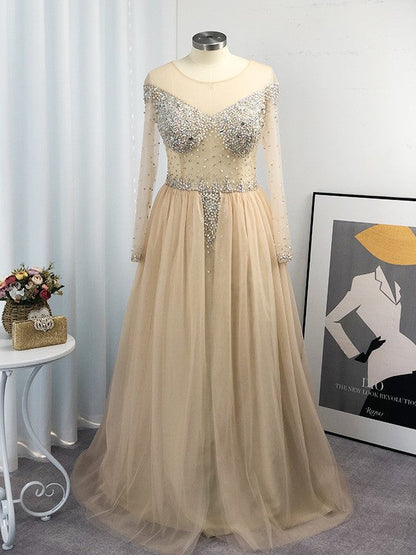 Ball Gown Tulle Long Sleeves Off-the-Shoulder Sequin Floor-Length Plus Size Dresses