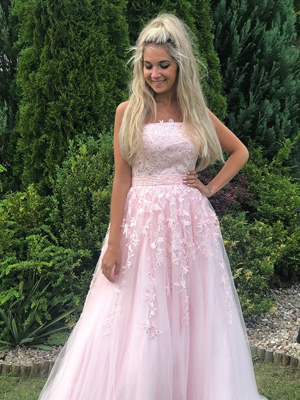 A-Line/Princess Strapless Sleeveless Floor-Length Applique Tulle Dresses