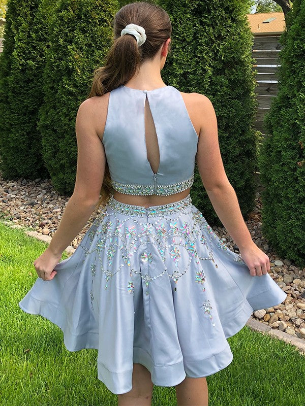 A-Line/Princess Bateau Sleeveless Beading Satin Short/Mini Two Piece Dresses
