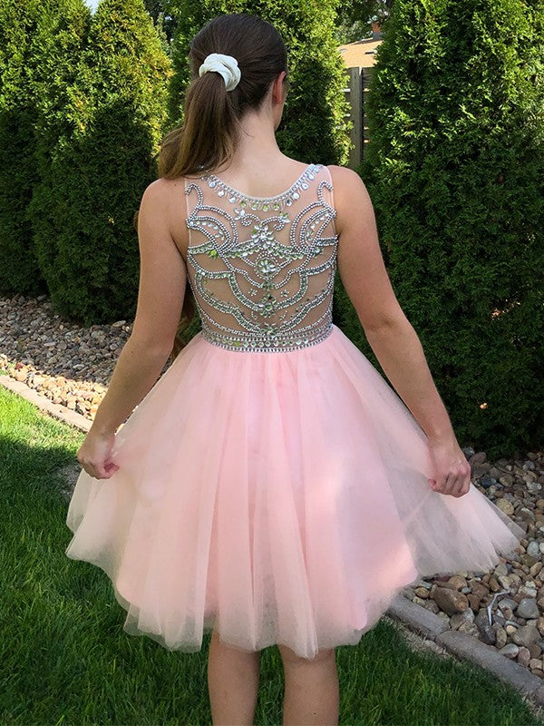 A-Line/Princess Scoop Tulle Sleeveless Beading Short/Mini Homecoming Dresses
