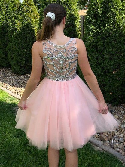 A-Line/Princess Scoop Tulle Sleeveless Beading Short/Mini Homecoming Dresses