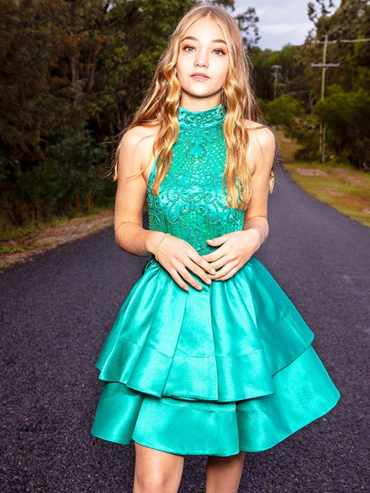 A-Line/Princess Satin Sleeveless Beading Jewel Short/Mini Homecoming Dresses