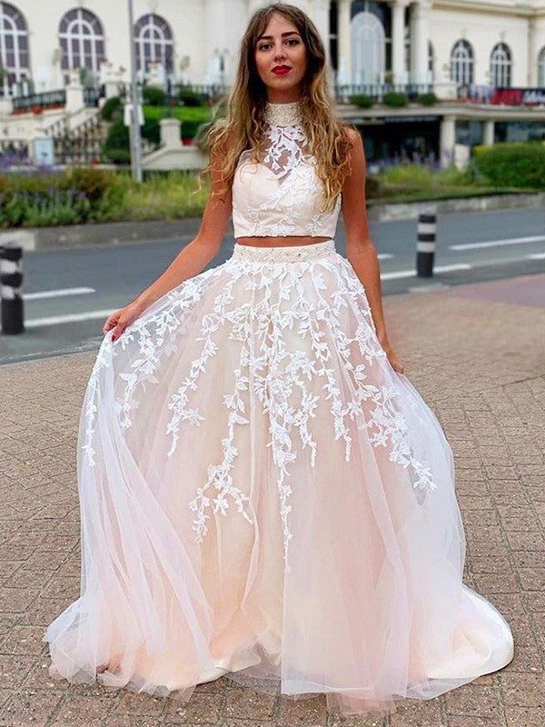 A-Line/Princess Sleeveless High Neck Applique Tulle Sweep/Brush Train Two Piece Dresses