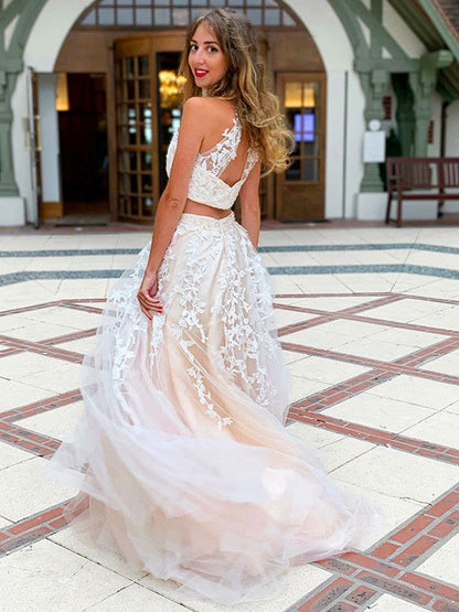 A-Line/Princess Sleeveless High Neck Applique Tulle Sweep/Brush Train Two Piece Dresses