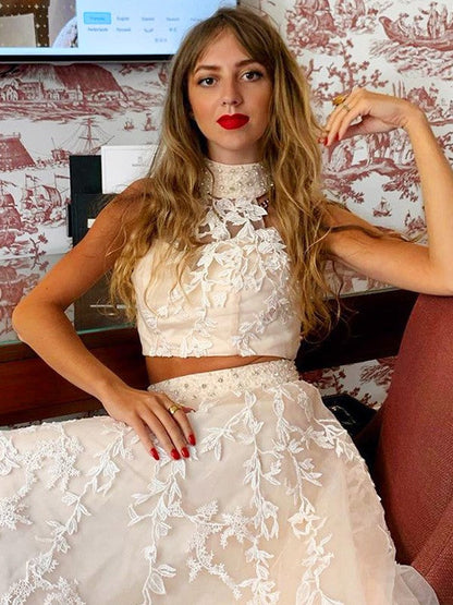 A-Line/Princess Sleeveless High Neck Applique Tulle Sweep/Brush Train Two Piece Dresses