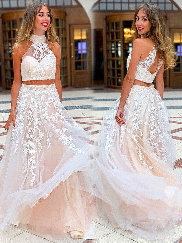 A-Line/Princess Sleeveless High Neck Applique Tulle Sweep/Brush Train Two Piece Dresses