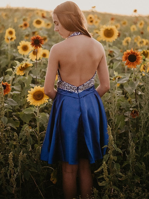 A-Line/Princess Satin Beading Halter Sleeveless Short/Mini Homecoming Dresses