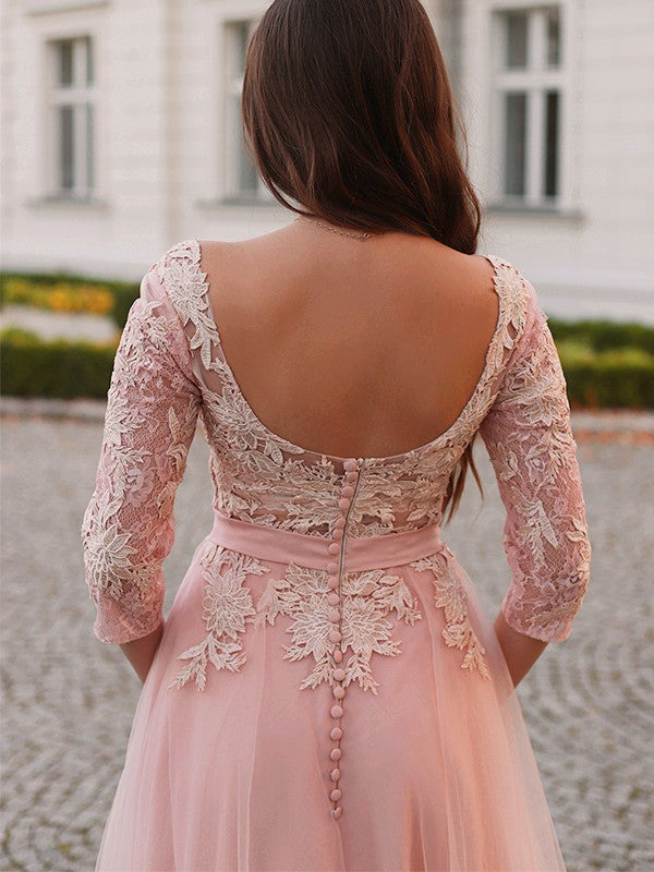 A-Line/Princess Tulle Applique Bateau 3/4 Sleeves Sweep/Brush Train Dresses