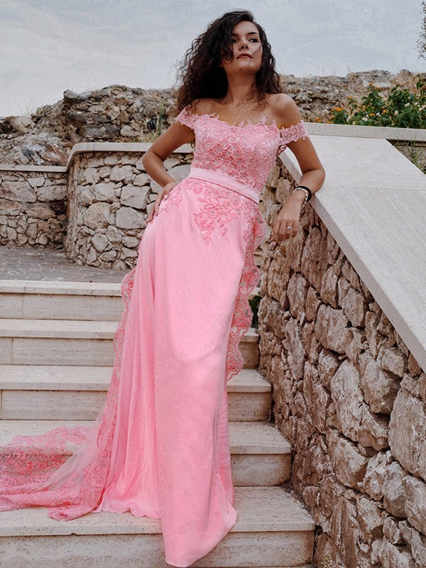 Sheath/Column Off-the-Shoulder Silk like Satin Lace Sleeveless Sweep/Brush Train Dresses