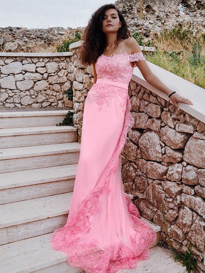 Sheath/Column Off-the-Shoulder Silk like Satin Lace Sleeveless Sweep/Brush Train Dresses