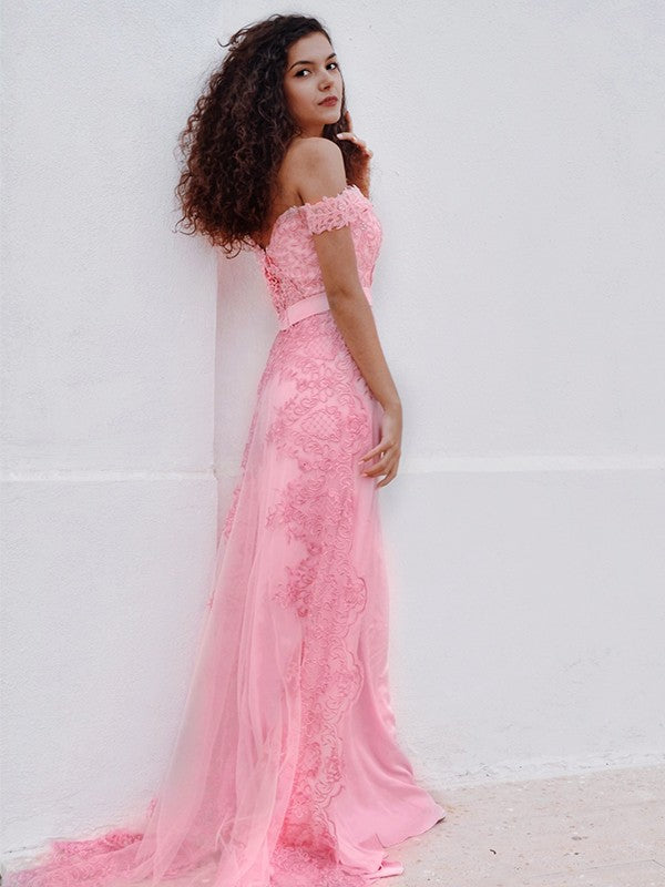 Sheath/Column Off-the-Shoulder Silk like Satin Lace Sleeveless Sweep/Brush Train Dresses