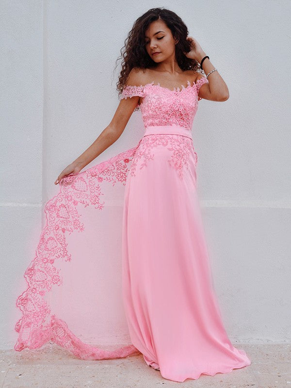 Sheath/Column Off-the-Shoulder Silk like Satin Lace Sleeveless Sweep/Brush Train Dresses