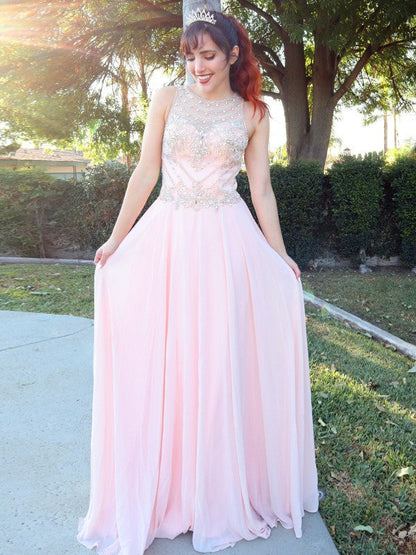 A-Line/Princess Chiffon Crystal Scoop Sleeveless Floor-Length Dresses
