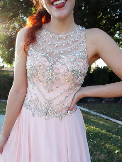 A-Line/Princess Chiffon Crystal Scoop Sleeveless Floor-Length Dresses