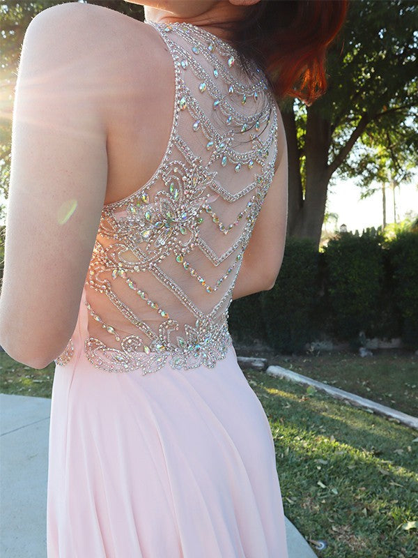 A-Line/Princess Chiffon Crystal Scoop Sleeveless Floor-Length Dresses