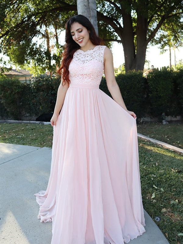 A-Line/Princess Sleeveless Scoop Chiffon Applique Floor-Length Dresses