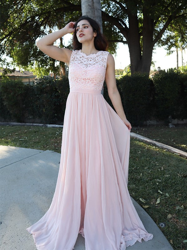 A-Line/Princess Sleeveless Scoop Chiffon Applique Floor-Length Dresses
