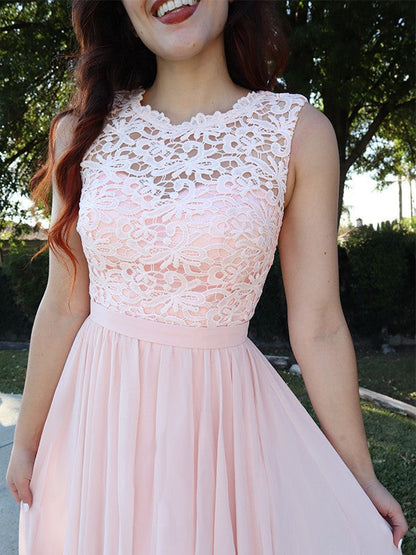 A-Line/Princess Sleeveless Scoop Chiffon Applique Floor-Length Dresses