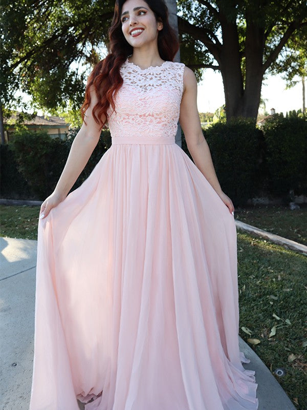 A-Line/Princess Sleeveless Scoop Chiffon Applique Floor-Length Dresses