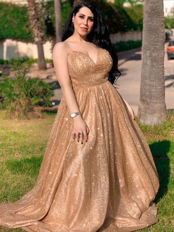 A-Line/Princess Tulle Sequin Spaghetti Straps Sleeveless Sweep/Brush Train Dresses