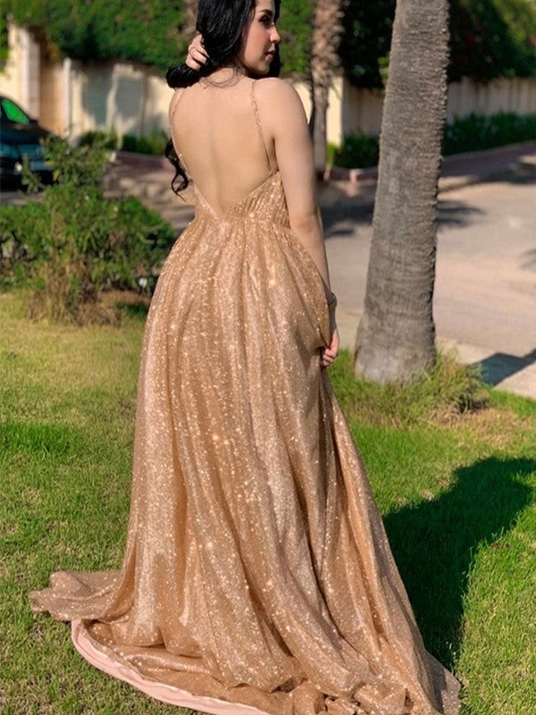 A-Line/Princess Tulle Sequin Spaghetti Straps Sleeveless Sweep/Brush Train Dresses