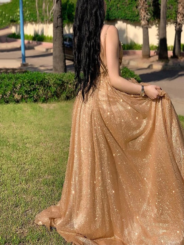 A-Line/Princess Tulle Sequin Spaghetti Straps Sleeveless Sweep/Brush Train Dresses