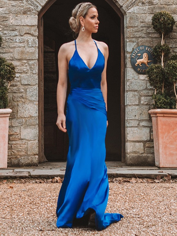 Sheath/Column Woven Silk like Satin Ruched Sleeveless V-neck Sweep/Brush Train Dresses