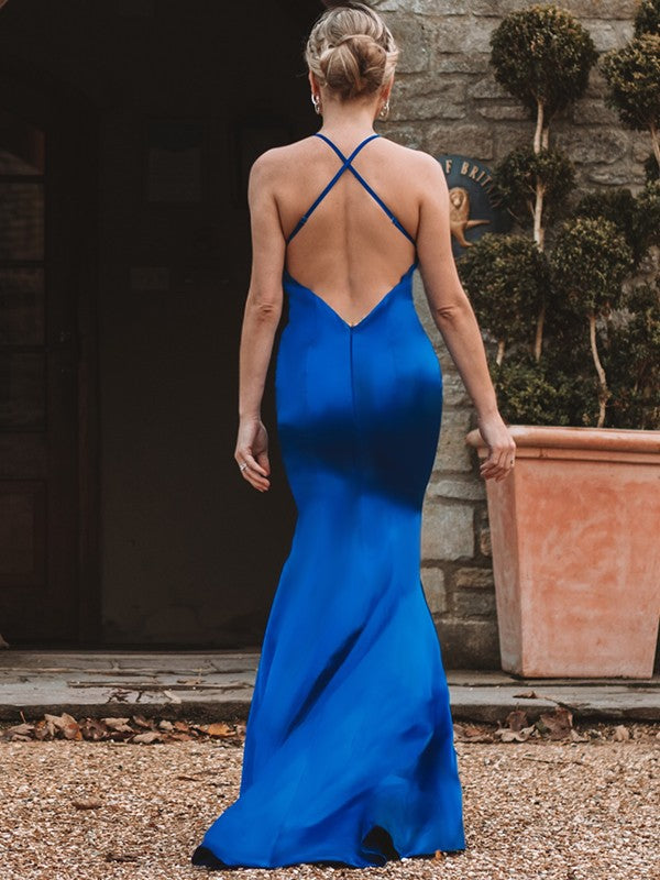 Sheath/Column Woven Silk like Satin Ruched Sleeveless V-neck Sweep/Brush Train Dresses