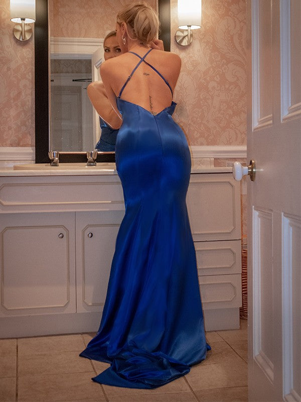 Sheath/Column Woven Silk like Satin Ruched Sleeveless V-neck Sweep/Brush Train Dresses