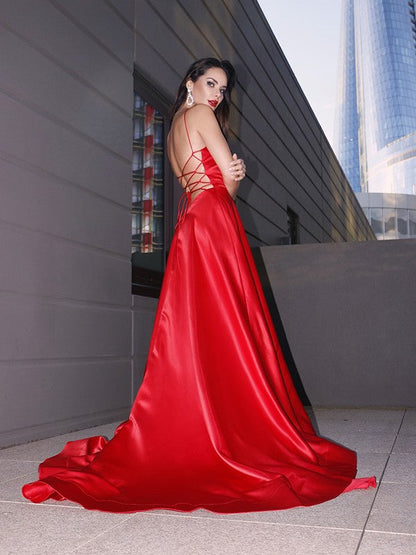 A-Line/Princess Satin Ruffles V-neck Sleeveless Sweep/Brush Train Dresses