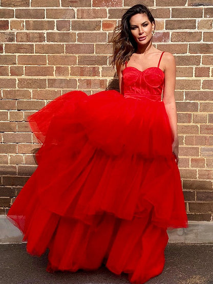 A-Line/Princess Tulle Layers Spaghetti Straps Sleeveless Sweep/Brush Train Dresses