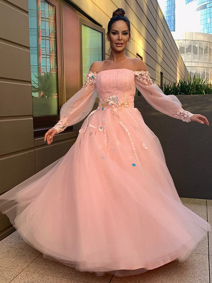 Ball Gown Hand-Made Flower Tulle Long Sleeves Off-the-Shoulder Floor-Length Dresses