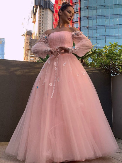 Ball Gown Hand-Made Flower Tulle Long Sleeves Off-the-Shoulder Floor-Length Dresses