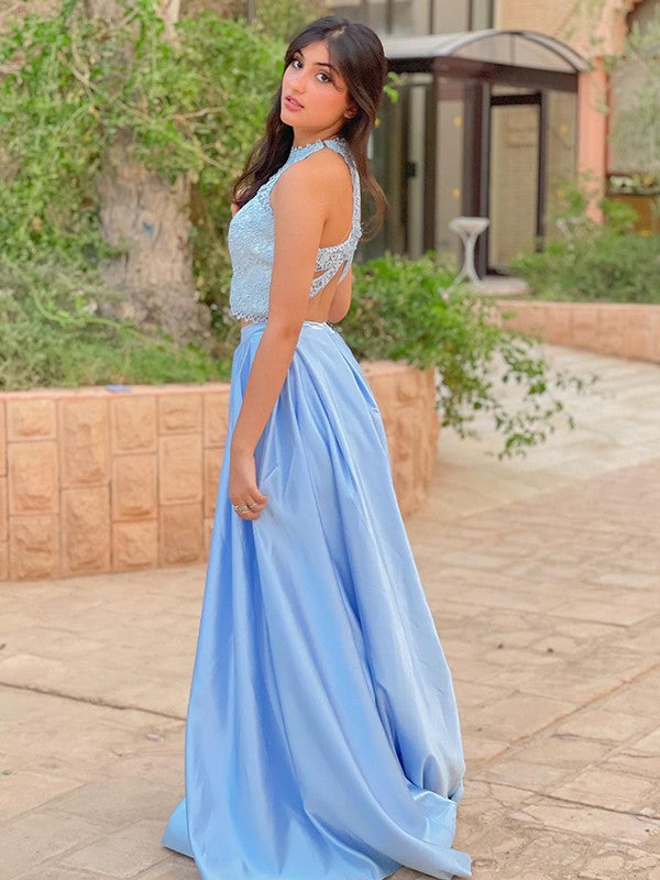 A-Line/Princess Satin Applique High Neck Sleeveless Sweep/Brush Train Two Piece Dresses