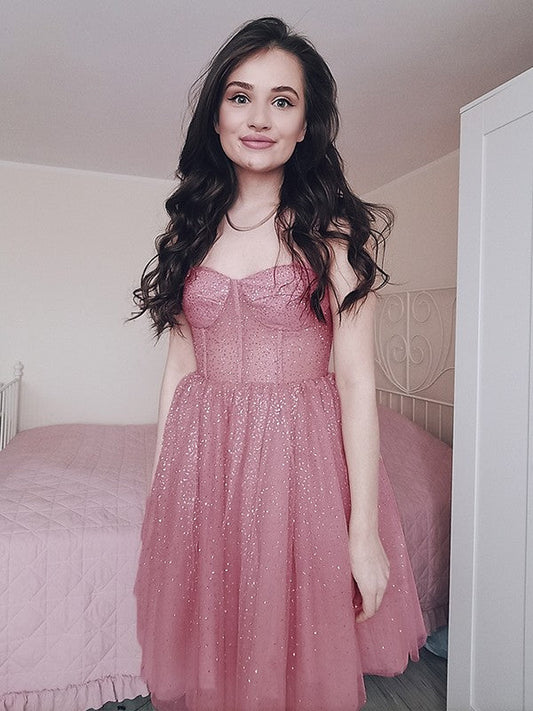 A-Line/Princess Sweetheart Neck Spaghetti Straps Sleeveless Tulle Short/Mini Homecoming Dresses