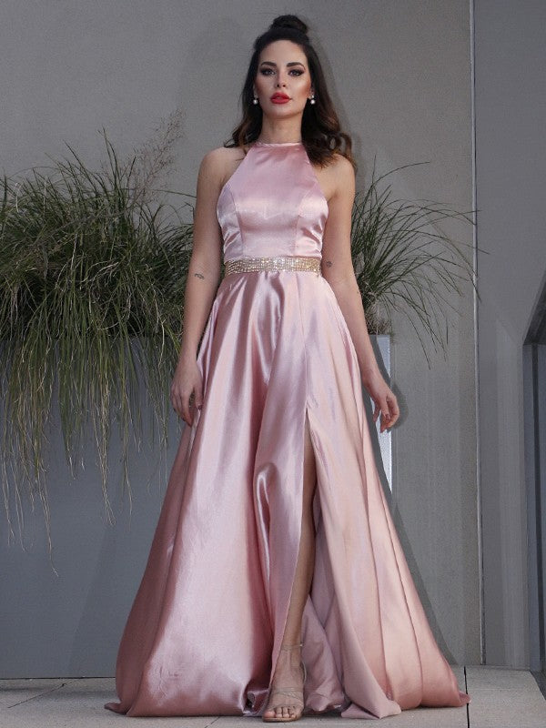 A-Line/Princess Woven Satin Ruffles Halter Sleeveless Sweep/Brush Train Dresses