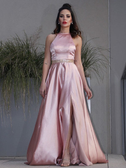 A-Line/Princess Woven Satin Ruffles Halter Sleeveless Sweep/Brush Train Dresses