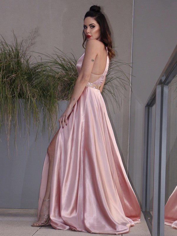 A-Line/Princess Woven Satin Ruffles Halter Sleeveless Sweep/Brush Train Dresses