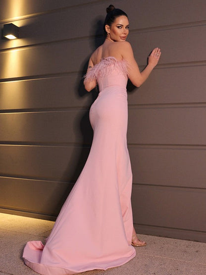 Sheath/Column Crepe Feathers/Fur Strapless Sleeveless Sweep/Brush Train Dressess
