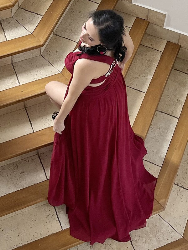A-Line/Princess Chiffon Rhinestone V-neck Sleeveless Sweep/Brush Train Dresses