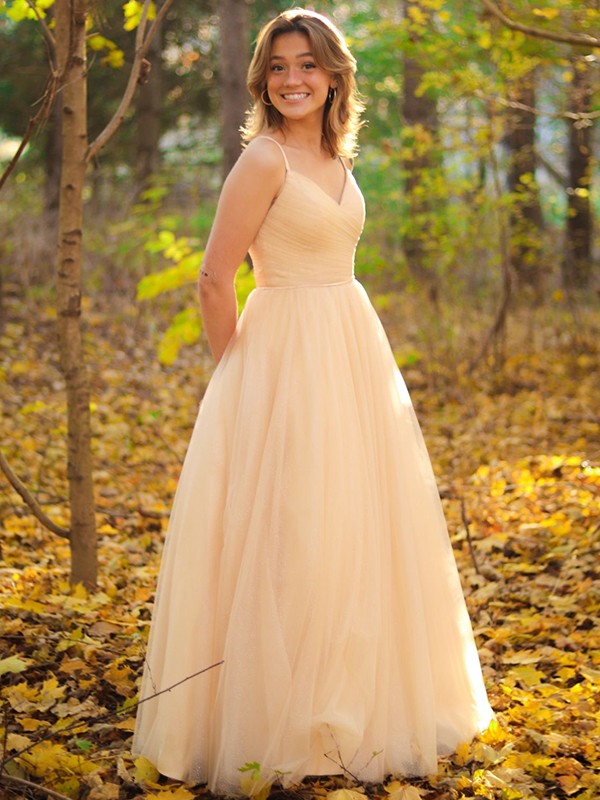 A-Line/Princess Ruched V-neck Sleeveless Floor-Length Dresses