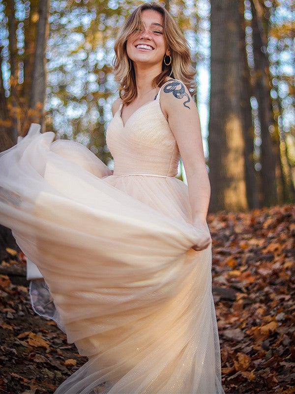 A-Line/Princess Ruched V-neck Sleeveless Floor-Length Dresses