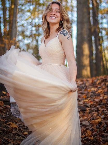A-Line/Princess Ruched V-neck Sleeveless Floor-Length Dresses