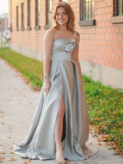 A-Line/Princess Satin Ruched Strapless Sleeveless Sweep/Brush Train Dresses