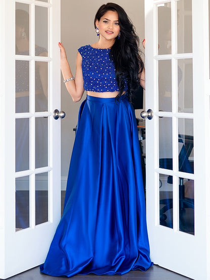 A-Line/Princess Satin Beading Scoop Sleeveless Floor-Length Two Piece Dresses