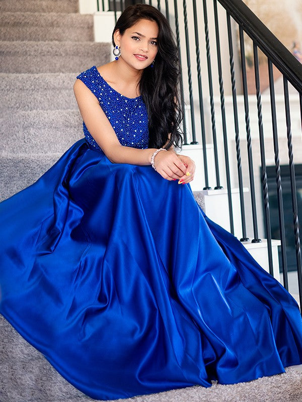 A-Line/Princess Satin Beading Scoop Sleeveless Floor-Length Two Piece Dresses