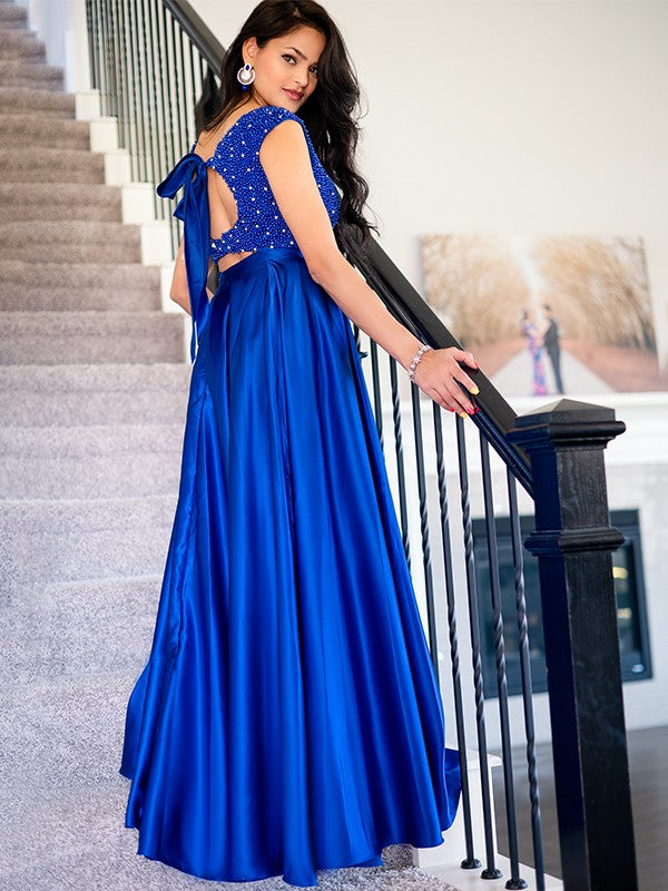 A-Line/Princess Satin Beading Scoop Sleeveless Floor-Length Two Piece Dresses
